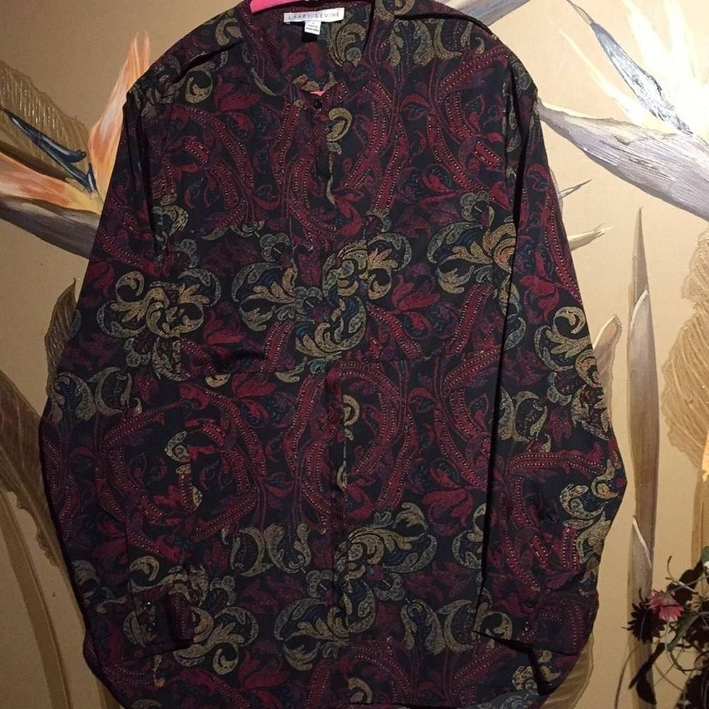 Larry Levine paisley career blouse burgundy black tan XL